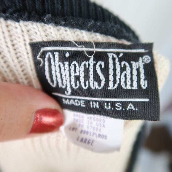 Vintage 90s Objects D'art Cream Black Stripe Crop Cardigan Sweater L - Picture 5 of 6